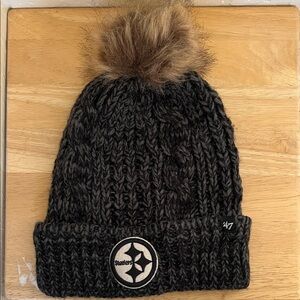 47 Black Knit Beanie with Brown Pom and Steelers Logo